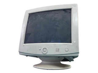 Old computer monitor in dust on white background 