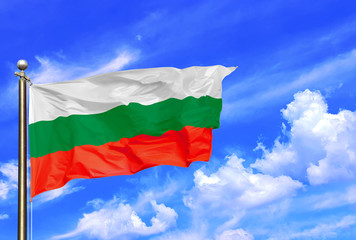 Bulgaria White Green Red Stripes National Flag Waving In The Wind On A Beautiful Summer Blue Sky