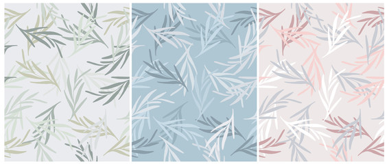 Simple Hand Drawn Floral Vector Patterns. Pastel Color Floral Repeatable Design. Delicate Twigs Isolated on a Blue, Beige and Gray Background. Garden Print for Fabric, Textile, Wrapping Paper.
