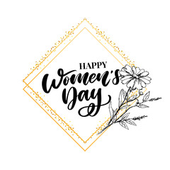 8 march. Happy Woman's Day Vector congratulation card with linear floral wreath
