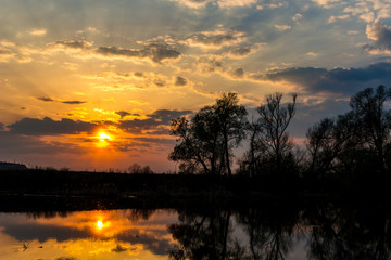 Naklejka premium Colorful sunset behind the clouds above the water