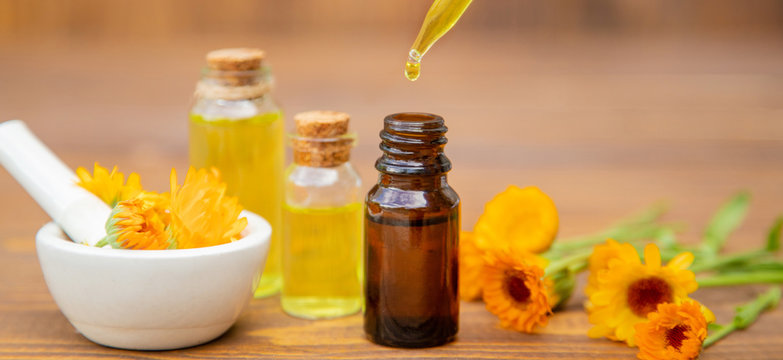 The calendula extract. Medicinal plants. Selective focus.