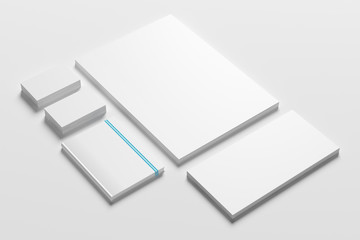 Blank identity stationery set isolated on white. Mockup concept for graphic designers presentations and portfolios. 3d render.