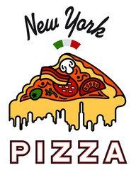 logo with the image of a triangular slice of pizza. Drips of cheese depict silhouetting New York. On a white background. - 322734135