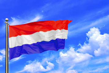Netherlands Red White Blue Stripes National Flag Waving In The Wind On A Beautiful Summer Blue Sky
