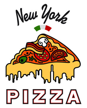 Logo With The Image Of A Triangular Slice Of Pizza. Drips Of Cheese Depict Silhouetting New York. On A White Background.