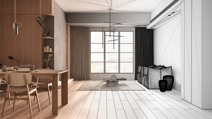 Fototapeta na wymiar Architect interior designer concept: unfinished project that becomes real, minimalist kitchen with dining room, dining table laid for two, chairs, parquet, armchair, design concept