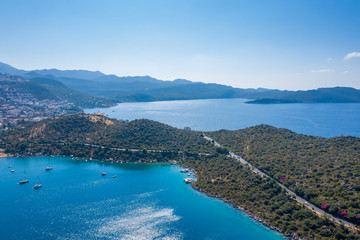 An aerial view of the bay of Kas in Antalya Turkey. Sea and mountains with an open sky.
