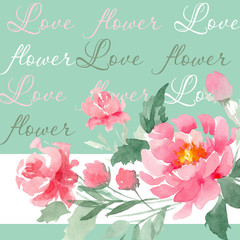 Illustration with watblueercolor pink peonies on a blue background with the inscription love flowers.