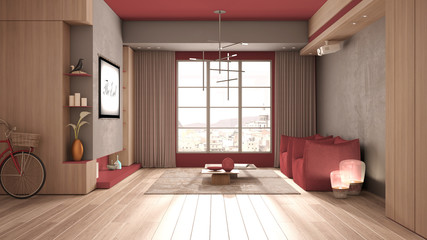 Minimalist living room in red tones with wooden and concrete details, window, curtains, parquet, armchairs, carpet and tables. Headlamp projecting movie, interior design concept