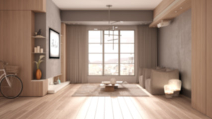 Fototapeta na wymiar Blur background interior design, minimalist living room in beige tones with wooden and concrete details, window, curtains, parquet, armchairs and carpet. Headlamp projecting movie