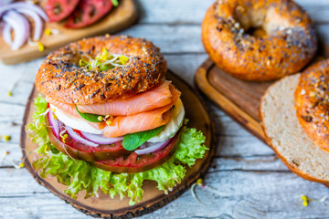 Bagel with salmon and fresh vegetables.