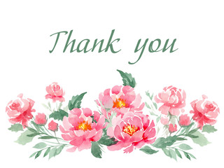 Watercolor bouquet of pink peonies with the inscription Thank you on an isolated white background. To create cards, invitations, tags.