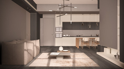Minimalist living room and kitchen in beige tones with dark wood and concrete details, dining table with chairs, parquet floor, armchairs, carpet and tables, interior design concept