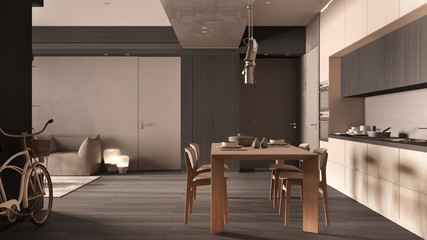 Minimalist kitchen with dining room in beige tones with dark wood and concrete details, table laid for two, chairs, parquet floor, armchair, pendant lamps, interior design concept