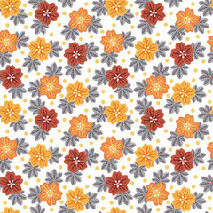 Seamless pattern with small flowers and leaves on white background