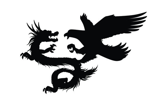Dragon fights against eagle silhouette vector