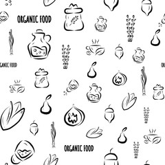 Vector seamless model with herbs, vegetables, fruits and spices. Hand-drawn black and white illustration. Image for farm, store, agricultural industry, packaging paper on white background, for store.