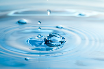 Naklejka na ściany i meble Splash of clear water with drops as background, closeup