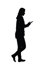 Walking woman with cellphone in hand silhouette vector