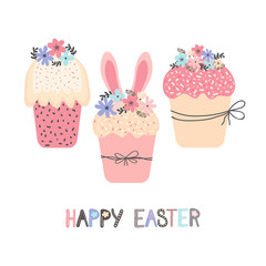 Easter greeting card or banner template with Easter cake and spring flowers. Traditional Easter bread or Kulich. Hand drawn Scandinavian style. Spring flat cartoon vector illustration