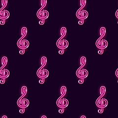 Seamless pattern with neon treble clef on dark background. Music concept for wallpaper, print or wrapping paper. Vector 10 EPS illustration.