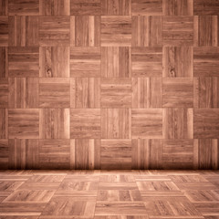 Concept or conceptual vintage or grungy brown background of natural wood or wooden old texture floor and wall as a retro pattern layout. A 3d illustration metaphor to time, material, emptiness,  age