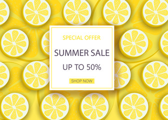 Summer sale banner template. Liquid summer bubble with lemons. Tropical background and backdrop. Promo badge for seasonal offer, summer promotion, summer advertising. Vector background.