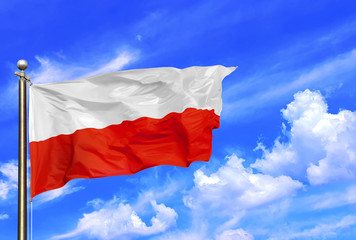 Poland Red White Stripes National Flag Waving In The Wind On A Beautiful Summer Blue Sky