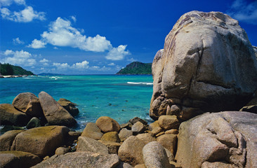 View of  rocky beach and the] landscape of the Seychelles