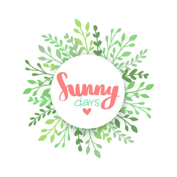 It's summer time. Vector frame with tropical leaves, flowers and lettering.