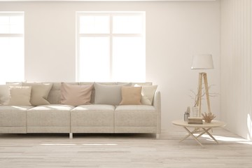 Modern wooden living room in white color with sofa. Scandinavian interior design. 3D illustration