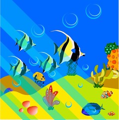 Naklejka na ściany i meble cartoon style seafloor with sea creatures