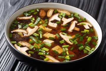 Traditional Japanese soup with shiitake mushrooms, tofu cheese and green onions close-up in a bowl. horizontal