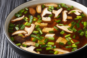 Asian soup with shiitake mushrooms, tofu cheese and green onions close-up in a bowl. horizontal