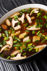Japanese miso soup with shiitake mushrooms, tofu and green onions close-up in a bowl. vertical