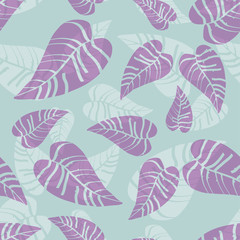 Fototapeta na wymiar Blue and purple tropical leaves seamless pattern. Wrapping paper, fabric print texture.
