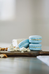 Delicious desserts on wooden board with ingredients