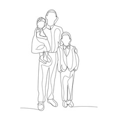 vector, isolated, single line drawing of father and children
