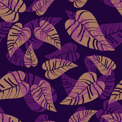 Fototapeta na wymiar Beige and purple tropical leaves seamless pattern. Wrapping paper, fabric print texture.
