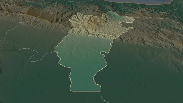 Salcedo, province with its capital, zoomed and extruded on the relief map of Dominican Republic in the conformal Stereographic projection. Animation 3D