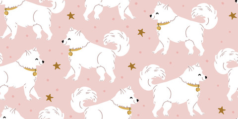 Vector seamless pattern with cute samoyed dog star