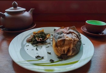 Vietnam Lotus tea on a wood background. The view from the top. Drink, antioxidant.