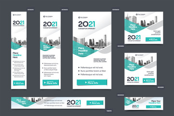 City Background Corporate Web Banner Template in multiple sizes. Easy to adapt to Brochure, Annual Report, Magazine, Poster, Corporate Advertising media, Flyer, Website. - obrazy, fototapety, plakaty