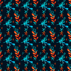 Digital bright colorful illustration seamless pattern of turquoise orange twigs with leaves on a black background. Print for banners, posters, cards, invitations, fabrics, wrapping paper.