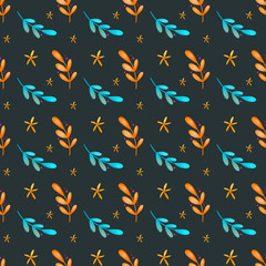 Digital bright colorful illustration seamless pattern of turquoise orange twigs with leaves on a dark background. Print for banners, posters, cards, invitations, fabrics, wrapping paper.