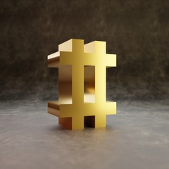 Obraz premium Pixel hashtag symbol. Golden glossy character on dark leather background.