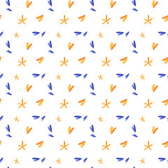 Digital bright colorful illustration of a yellow-blue hearts seamless pattern on a white background. Print for banners, posters, cards, invitations, fabrics, wrapping paper, web design.