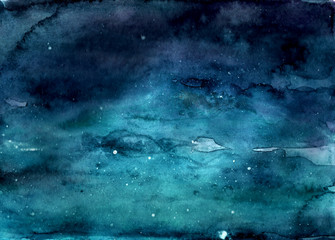 Sky background. Hand drawn watercolor blots and stains. Turquoise and blue abstract gradient. Trendy design. Horizontal. Starry sky, milky way background. Liquid, sea, ocean bottom.