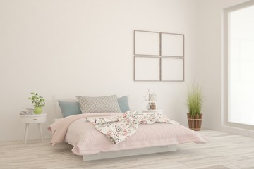 Fototapeta premium Stylish bedroom in white color. Scandinavian interior design. 3D illustration
